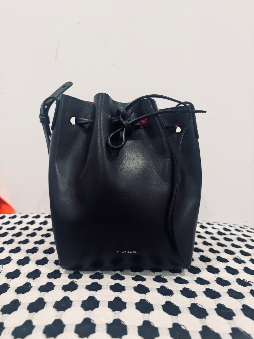 Mansur Gavriel Black Leather Drawstring Crossbody Bucket Bag